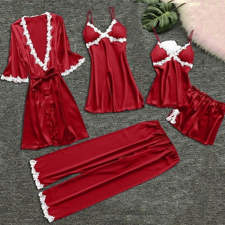 

STEADY 5-Piece Women Sexy Garter Lingerie Set Robes Lace Bodysuit Deep-V Neck Underwear