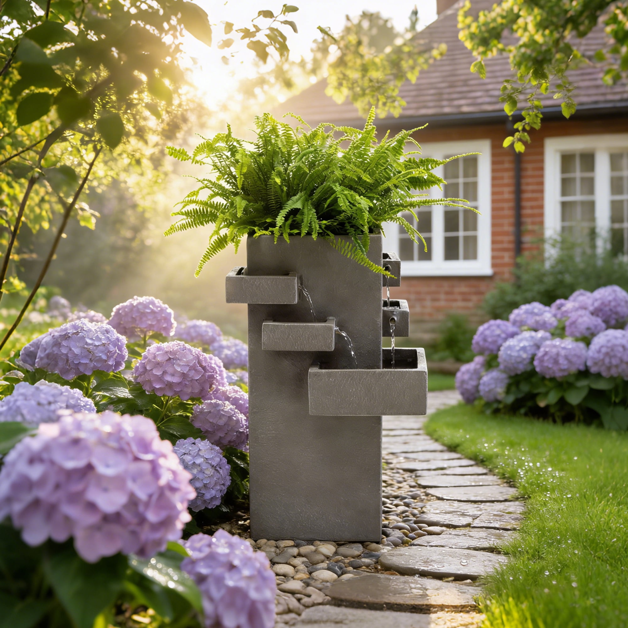 27.8" Outdoor Water Fountain with Tiered Waterfall Flow, Resin Waterfall Fountain for Outside, Indoor/Outdoor Water Feature for Garden, Patio