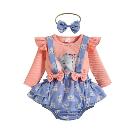 

Arvbitana Baby Girls Knitted Romper Set Long Sleeve Knitted Tops Patchwork Cow Elephant Print Suspender Bodysuit + Bowknot Hairband 3Pcs 0-24M