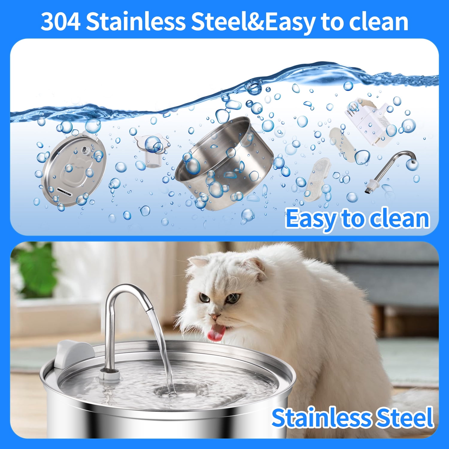 Petavista Cat Water fountain 140oz/4L Stainless Steel Cat Fountain Water dispenser for cats and dogs