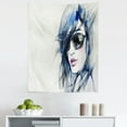 thumbnail image 1 of Abstract Tapestry, Woman with Sunglasses and Blue Hair Hand Drawn Art Watercolor Portrait, Fabric Wall Hanging Decor for Bedroom Living Room Dorm, 5 Sizes, Coconut Blue and Black, by Ambesonne, 1 of 1