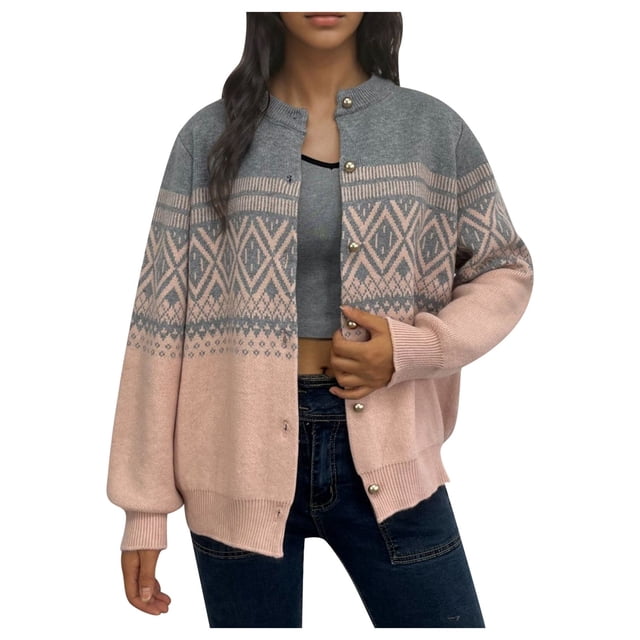 Women's Embroidered Jacquard Knit Cardigan Open Front Loose Fit Crewneck Button Up Sweater Jacket Stylish Comfortable Lightweight