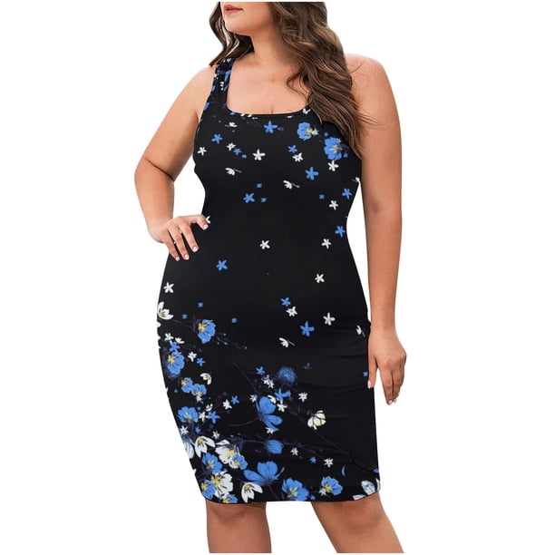 Vestido sexy con tirantes de talla grande con cuello redondo estampado informal a la moda para mujer Fridja qw1447