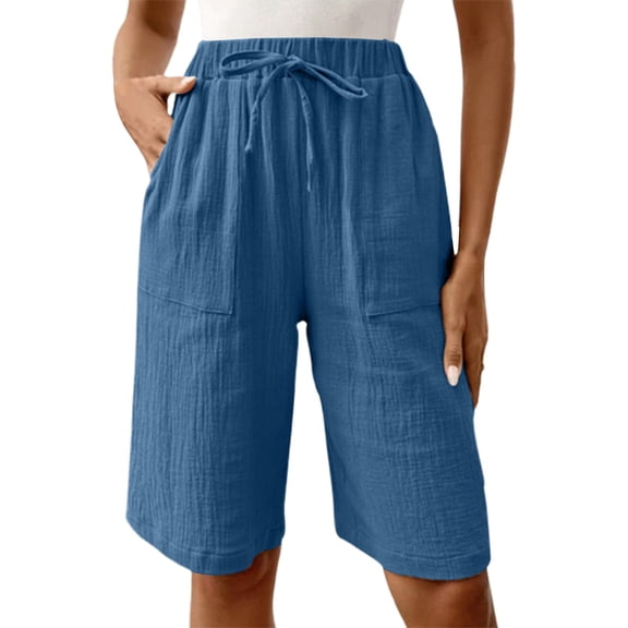 Wuxian Womens Linen Pants Knee Length Solid Color Wide Leg Casual Summer Shorts Breathable Lightweight Straight Leg Casual Loose Bermuda Shorts Baggy Trousers Stylish Joggers,Blue,S