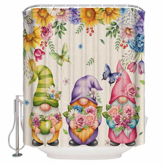 Watercolor Floral Gnomes Bathroom Shower Curtains with 12 Hooks Waterproof Shower Curtain for Stalls and Bathtubs Spring Garden Butterflies Beige Decorative Bathroom Privacy Curtain 36x72 Inches