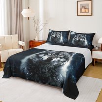 Feelyou Cartoon Wolf Animal Full Size Sheets for Boy, Psychedelic Galaxy Moon Bed Sheets, Rustic Animal Theme Sheet Sets, Luxury Bedroom Decor, 4 Pieces