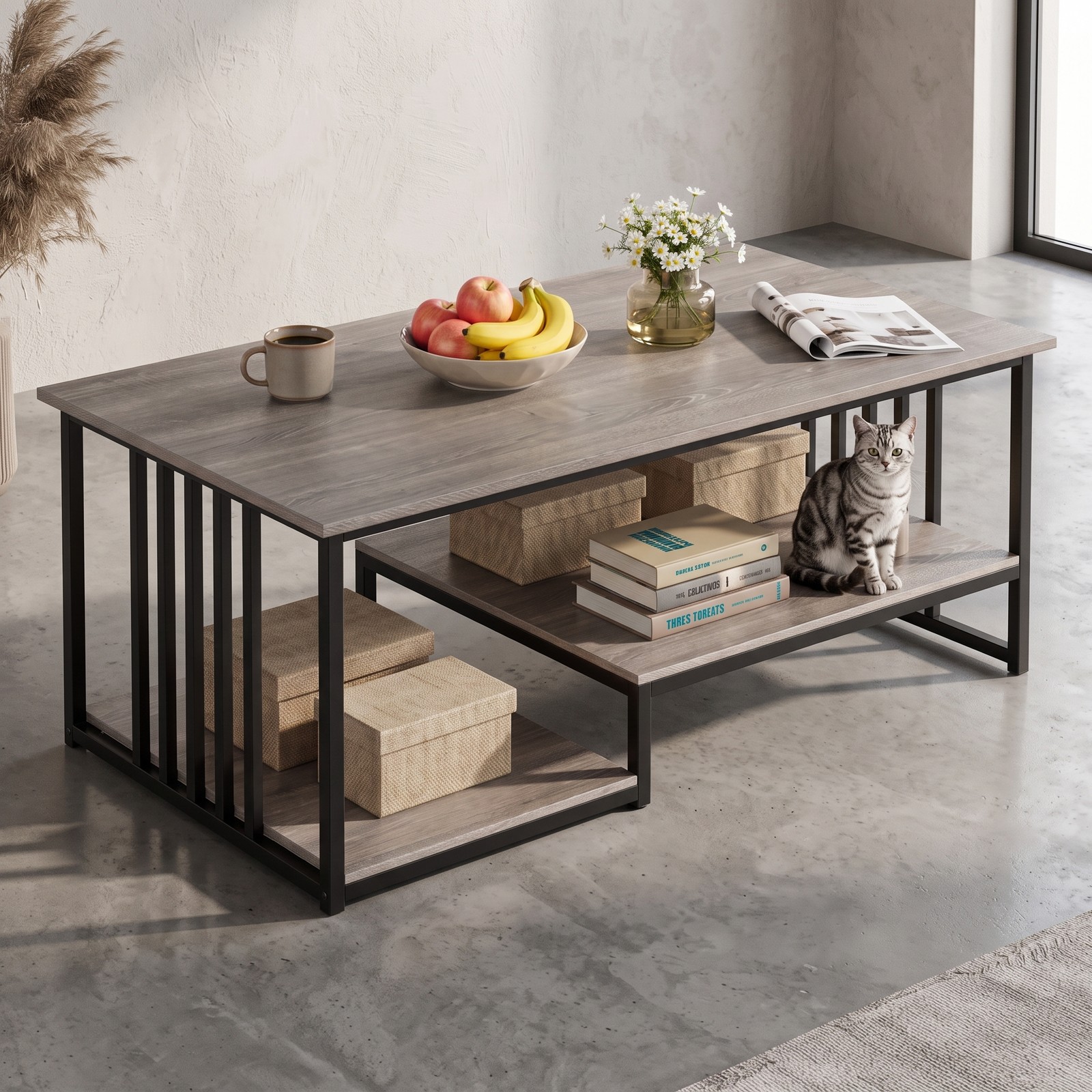 Furnibear 43.5" 2-Tier Coffee Table with Open Storage Shelf, Modern Rustic Wood and Metal Frame Center Table for Living Room, Rectangular Farmhouse, Oak and Black