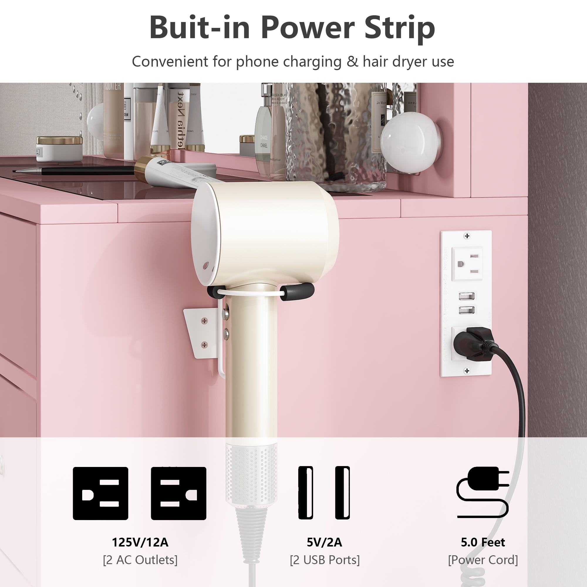 Yanosaku Vanity Desk with Mirror, 12 LED Lights, 11 Drawers, Chair, 3 Lighting Modes, Adjustable Brightness, Pink