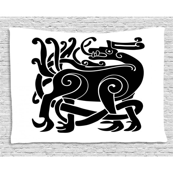 Celtic Tapestry, Celtic Cultural Mythic Animal Deer in Stylized Traditional Ornament for Samhain, Wall Hanging for Bedroom Living Room Dorm Decor, 60W X 40L Inches, Black and White, by Ambesonne