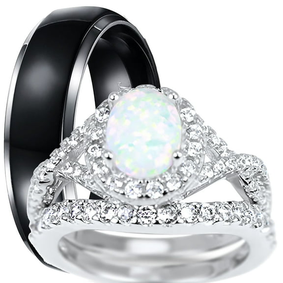 LaRaso & Co His & Her Wedding Engagement Ring Set Halo Solitaire Opal Silver Black Titanium Unique Vintage 5/9