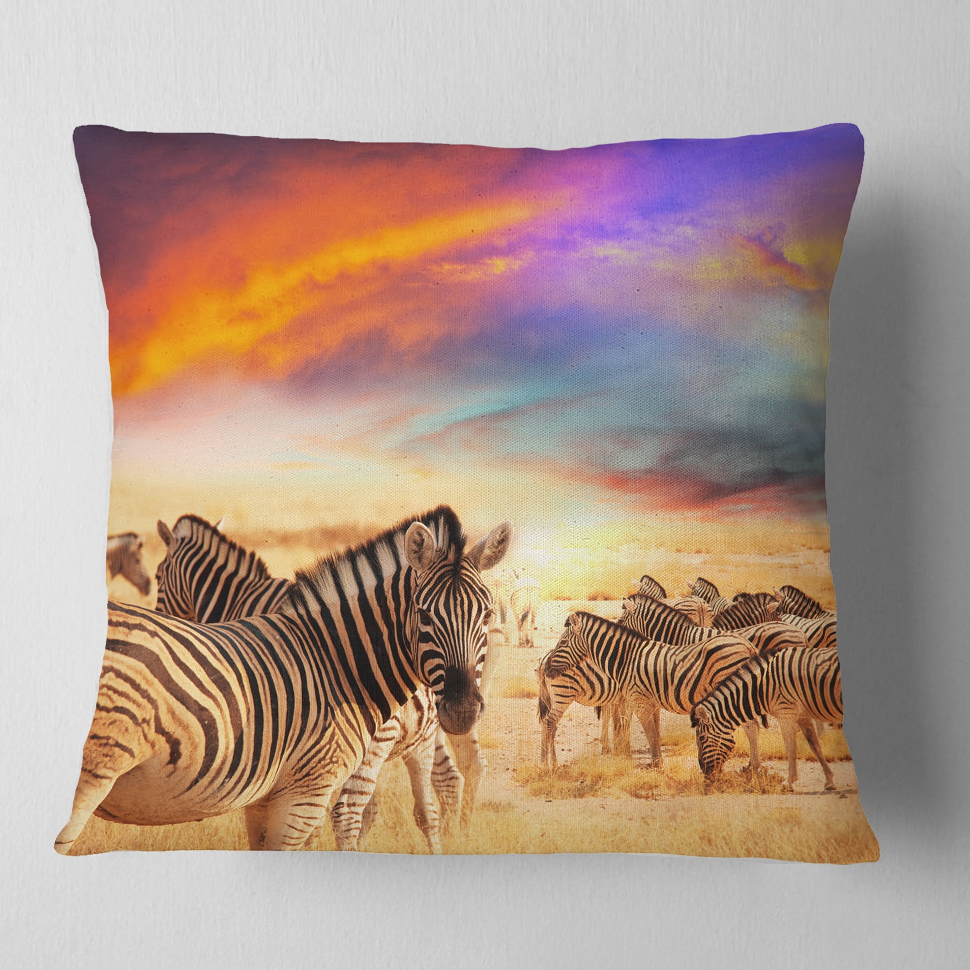 Designart Zebra Herd under Colorful Sunset Sky - Animal Throw Pillow - 16x16