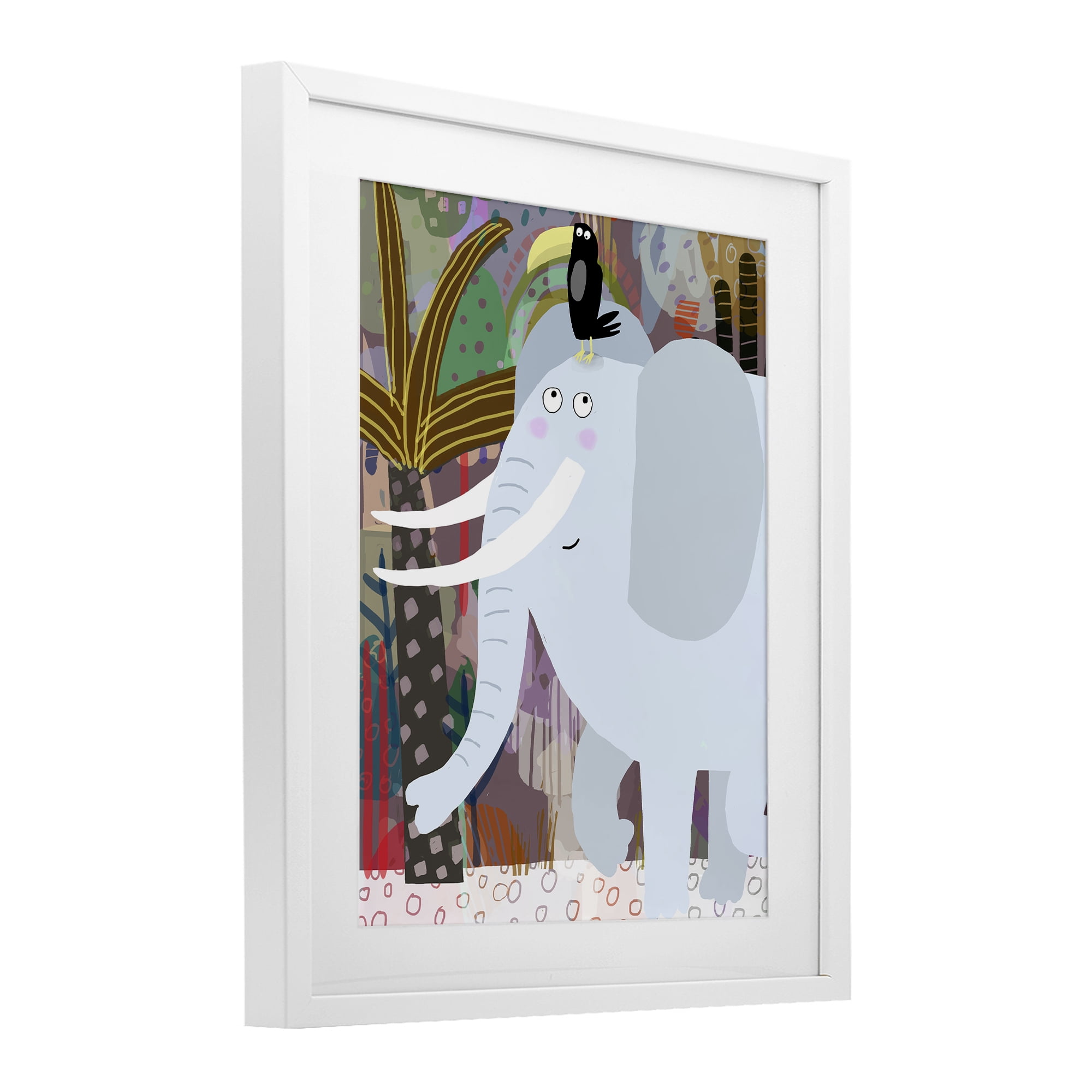 Elephant & Toucan in Jungle White Framed Print Under Glass, design by Carla Daly