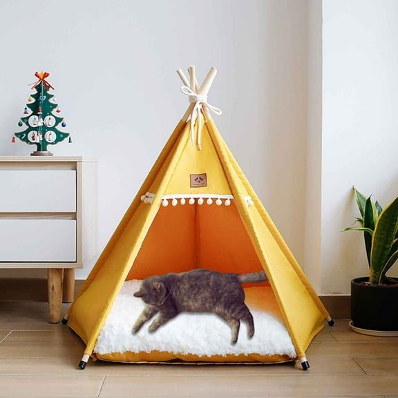 Fufafayo under $5 Pet Tent, Pet Tent for Dogs Cats, Foldable Play Tent with Removable Cushion, Indoor Outdoor Pet House, Portable Puppy Kennel, Breathable Fabric, Easy Setup, Wooden Frame, Cozy Den