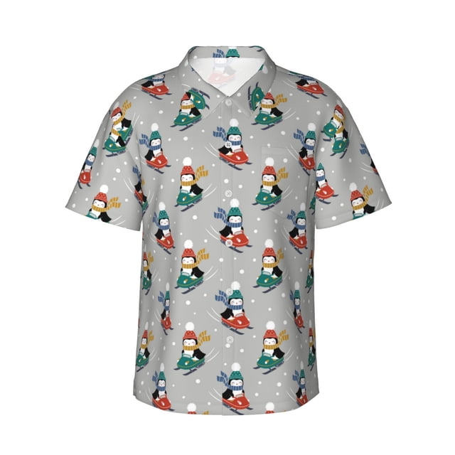 Balery Skiing penguin Camisas hawaianas de manga corta para hombre, camisas playeras de corte holgado, camisas de vacaciones con botones,Large