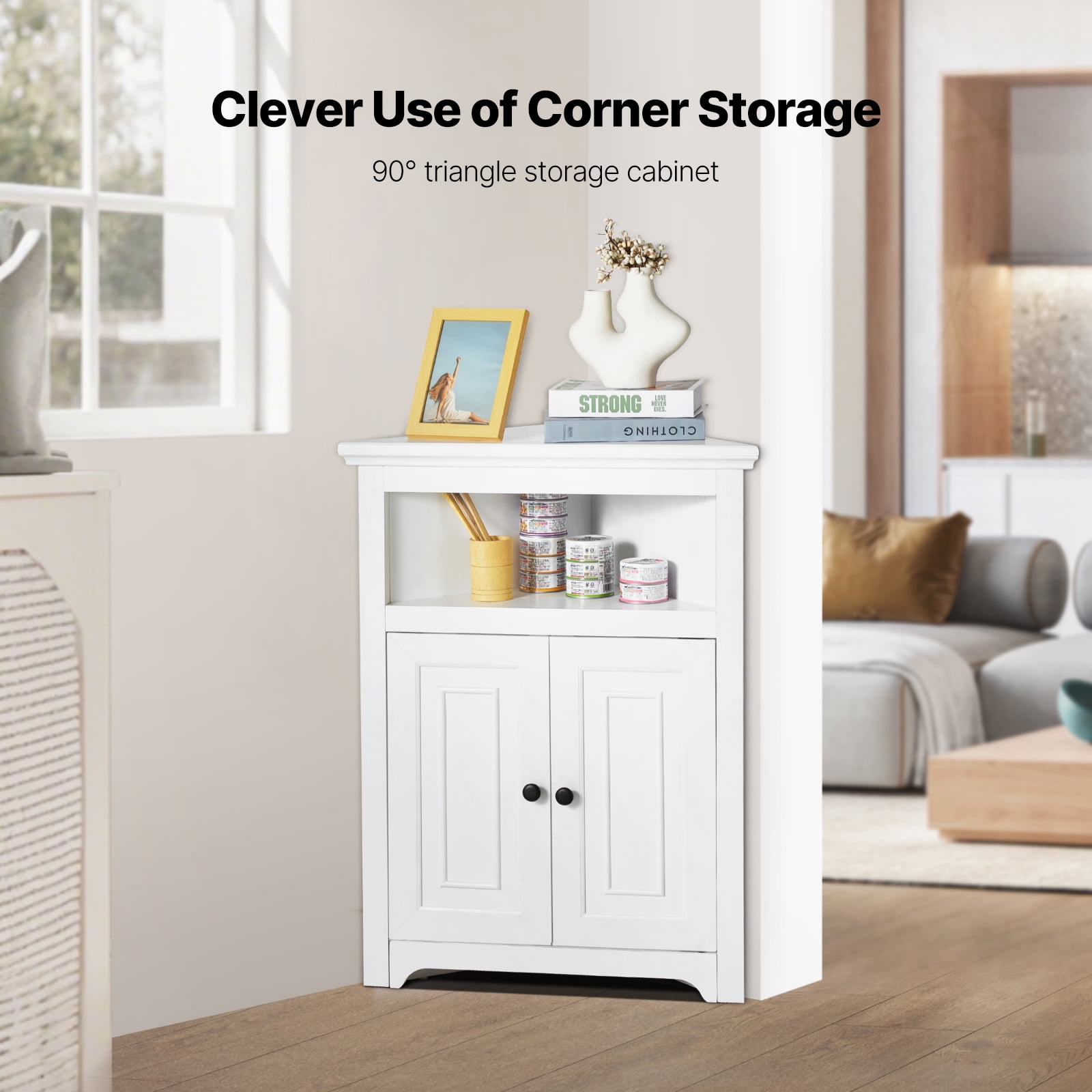 KFFKFF 32" Corner Utility Cabinet, Tri-Level Compact Storage Unit with Dual Wooden Doors & Flexible Shelving, Independent Corner Cabinet for Lounge, Kitchen, Laundry Area, Restroom, in White