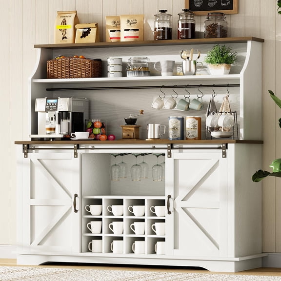 Catrimown 55 Inch White Farmhouse Coffee Bar Cabinet, 3-Tier Enclosed Storage Hutch with 12 Wine Racks, 3 Glass Holders & 6 Hooks