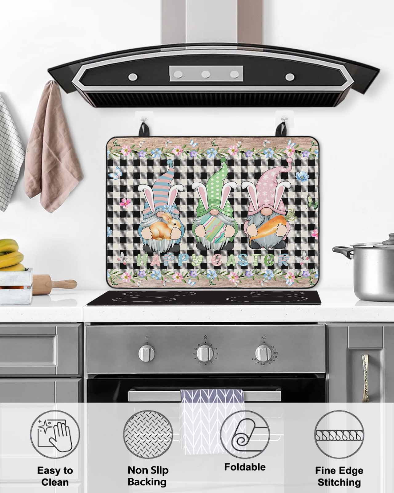 Large Induction Cooktop Protector Mat Easter Stove Top Covers for Electric Stove, Vintage Gnomes Bunny Eggs Black Buffalo Plaid Decorative Stove Burner Cover Mats, Glass Top Stove Cover