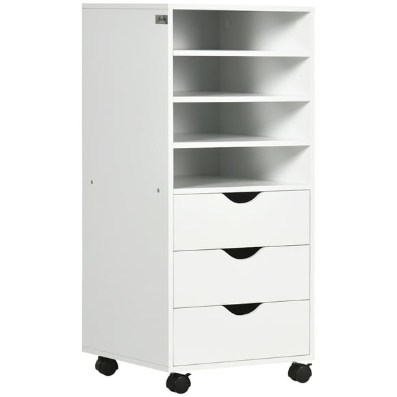 Vinsetto 3-Drawer Cabinet W/Wheels, White Office Storage Drawer Chest