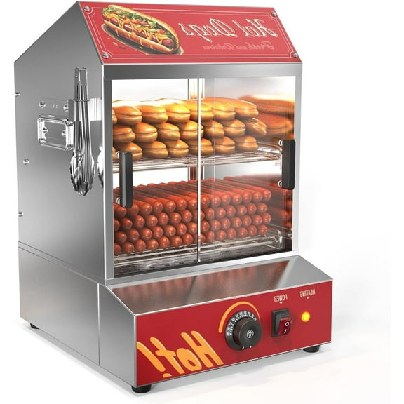 UBesGoo 31.7QT Hot Dog Steamer with Bun Warmer, 2-Tier Commercial Stainless Steel Food Warmer