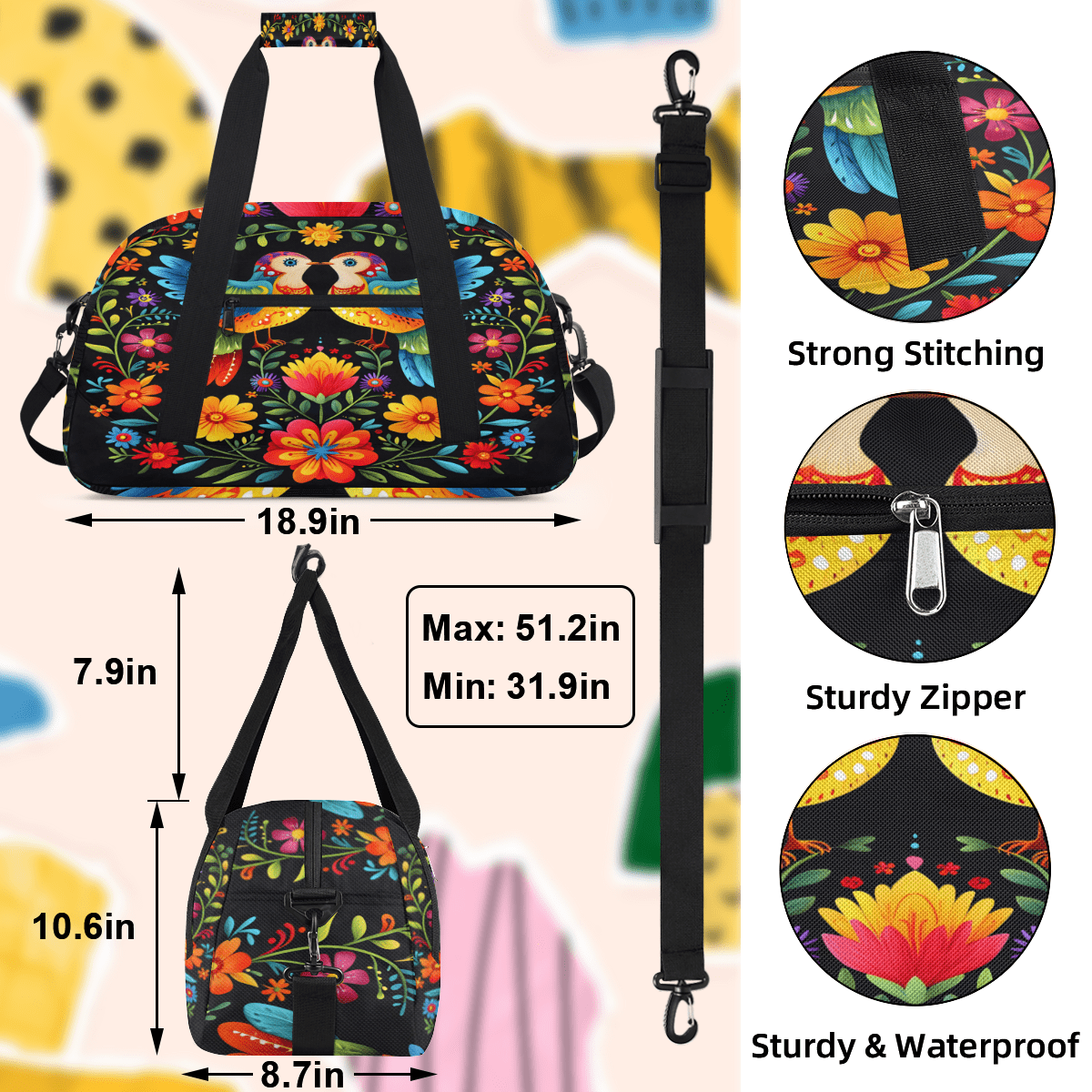 Herdesigns Sports Duffle Bags Travel Duffle Bag Gym Bag Mexico Otomi Stylel Foral Bird Weekender Travel Bag Waterproof Overnight Bag Carry On Travel Tote Bag Dance Bags