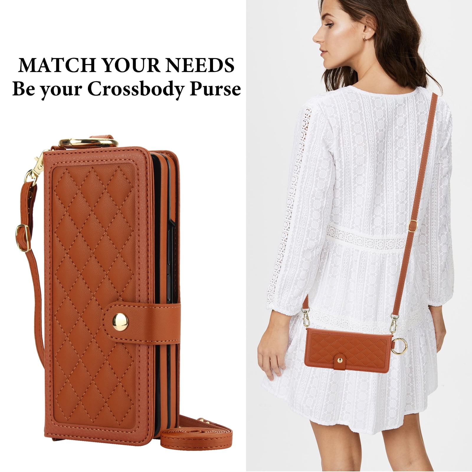 for Samsung Galaxy Z Fold 4 Crossbody Wallet Case, RFID Blocking Card Slots, Ring Buckle Luxury PU Leather Flip Phone Case with Pen Slot Lanyard Strap Wristband Kickstand Cover, Brown