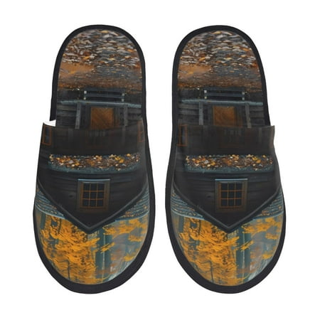 Balery Rustic Cabin Autumn Forest Slient Indoor Furry Fleece Comfort House Shoes Soft Non-Slip Home Shoes Cotton slippers House Slippers-- Medium