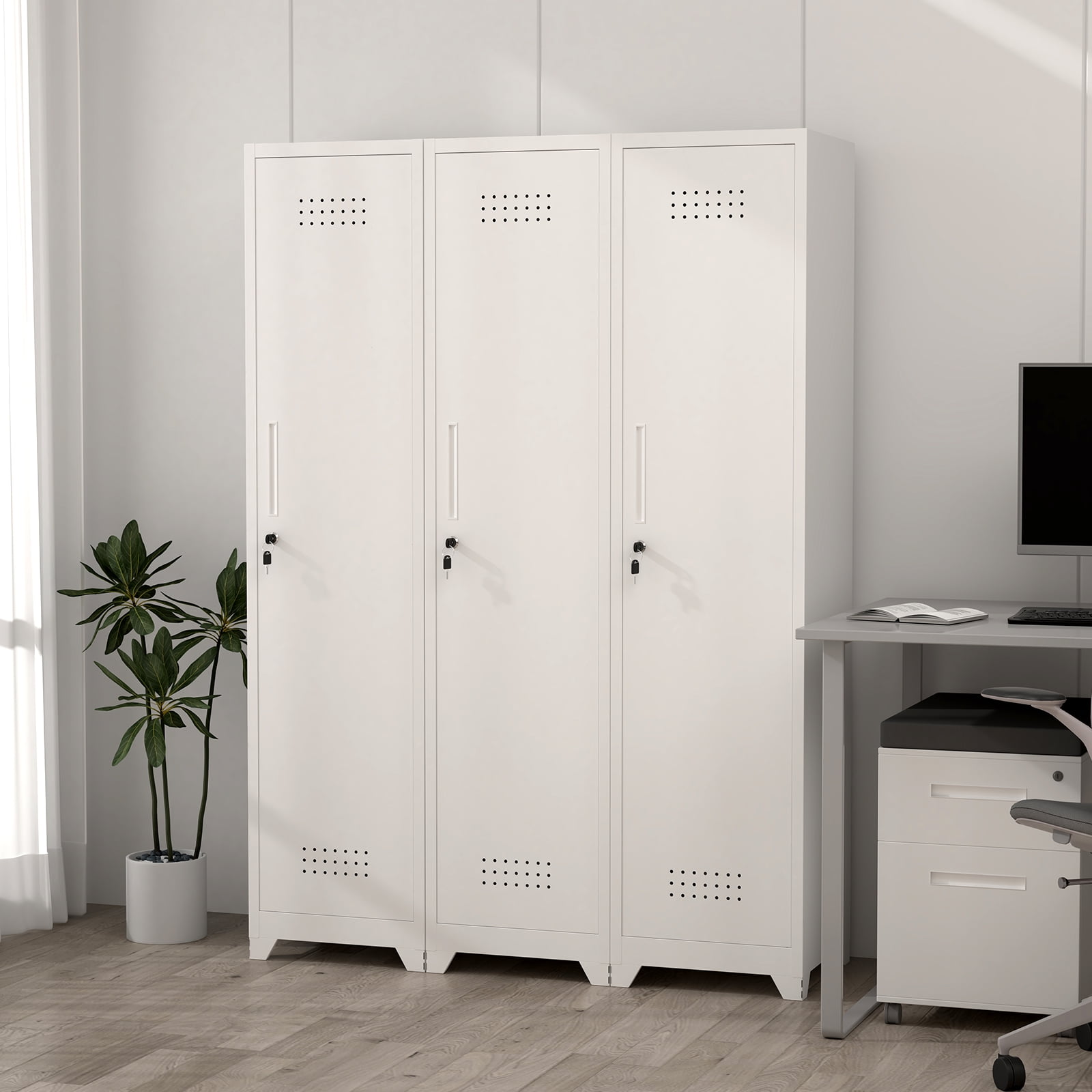 Marcree Metal Broom Storage Cabinet, 65" Narrow Broom Cabinet with Hooks, Slim Bathroom Storage Cabinet with Shelves, Heavy-Duty Cleaning Storage Cabinet for Utility Room, Gym, Office, Garage