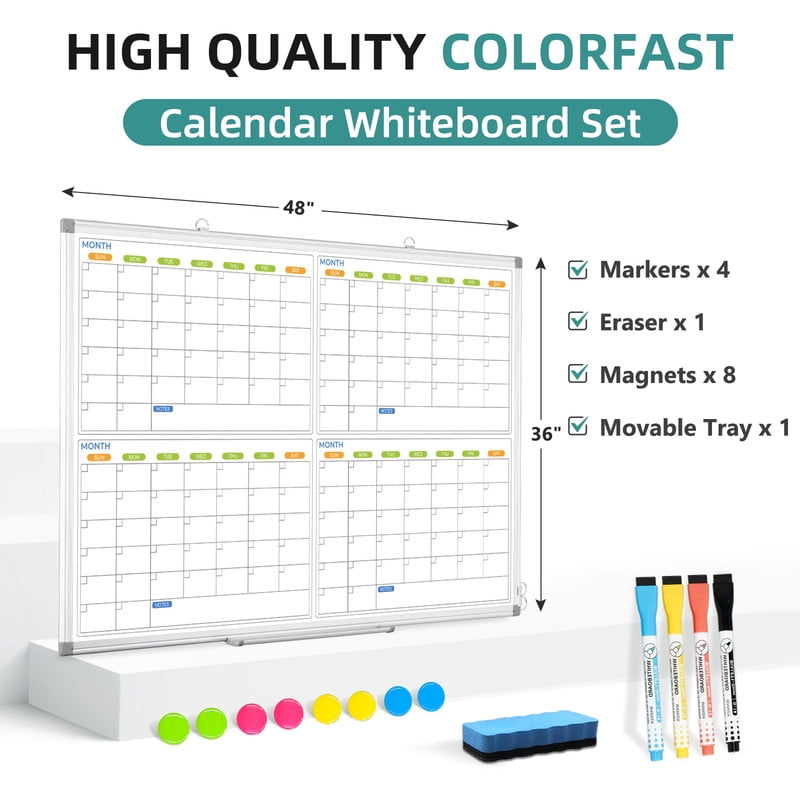 DOLLAR BOSS Large Whiteboard Calendar 48"x36" Dry Erase Board for Wall 4 Monthly Calendar Whiteboard Magnetic White Board Calendar Planner Schedule Board Supplies for Office Home School, White Frame