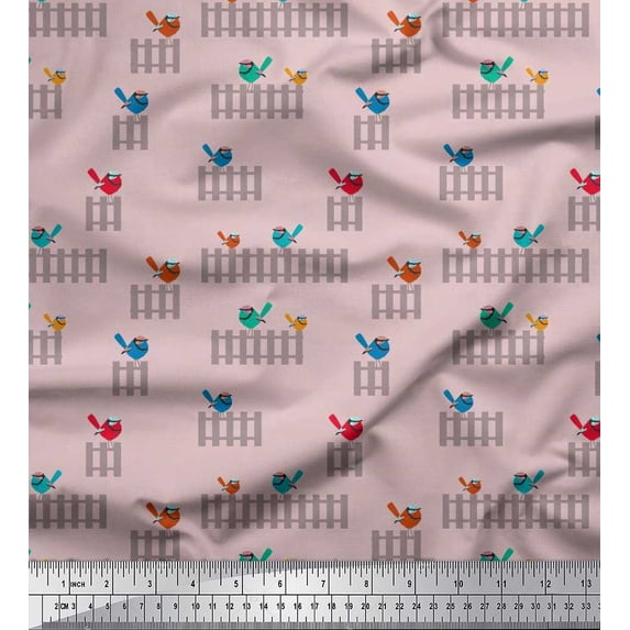 Soimoi Cotton Cambric Fabric Picket Fence & Bird Artistic Print Fabric by the Yard 56 Inch Wide