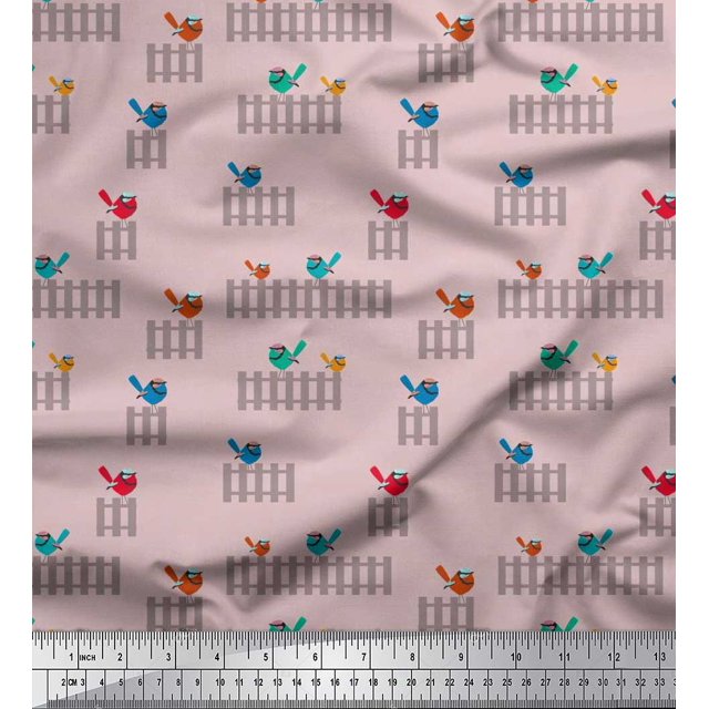 Soimoi Velvet Fabric Picket Fence & Bird Artistic Print Fabric by Yard 58 Inch Wide