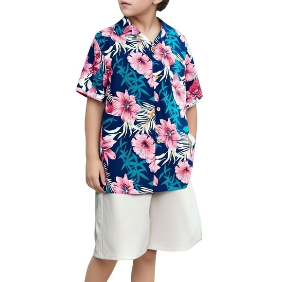 GPOECD Summer Hawaii Beach Family Matching Outfits 4 Piece Set for Boys Tropical Theme Comfortable Breathable Fabric Pink,Kids-160