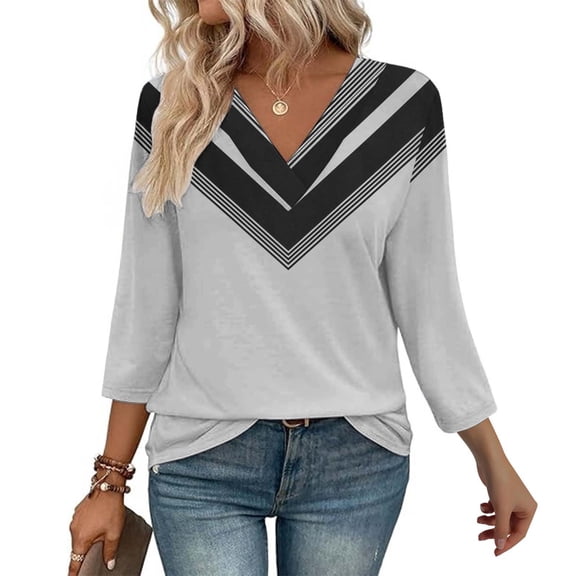 Texiao 3/4 Length Sleeve Women's Tops V Neck Casual Tunic Tops Basic Shirts Loose Fit Blouse