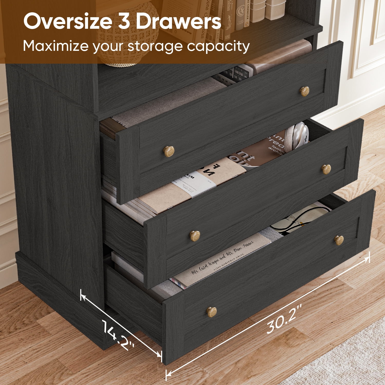 71"Tall Kitchen Pantry Storage Cabinet, Large Wood Bookcase Adjustable Shelves with 3 Drawers,Black