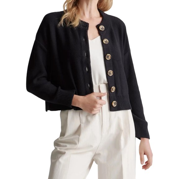LMLYSoH Women's Crew Neck Knit Cardigan Basic Long Sleeve Solid Color Button Down Sweater Outwear