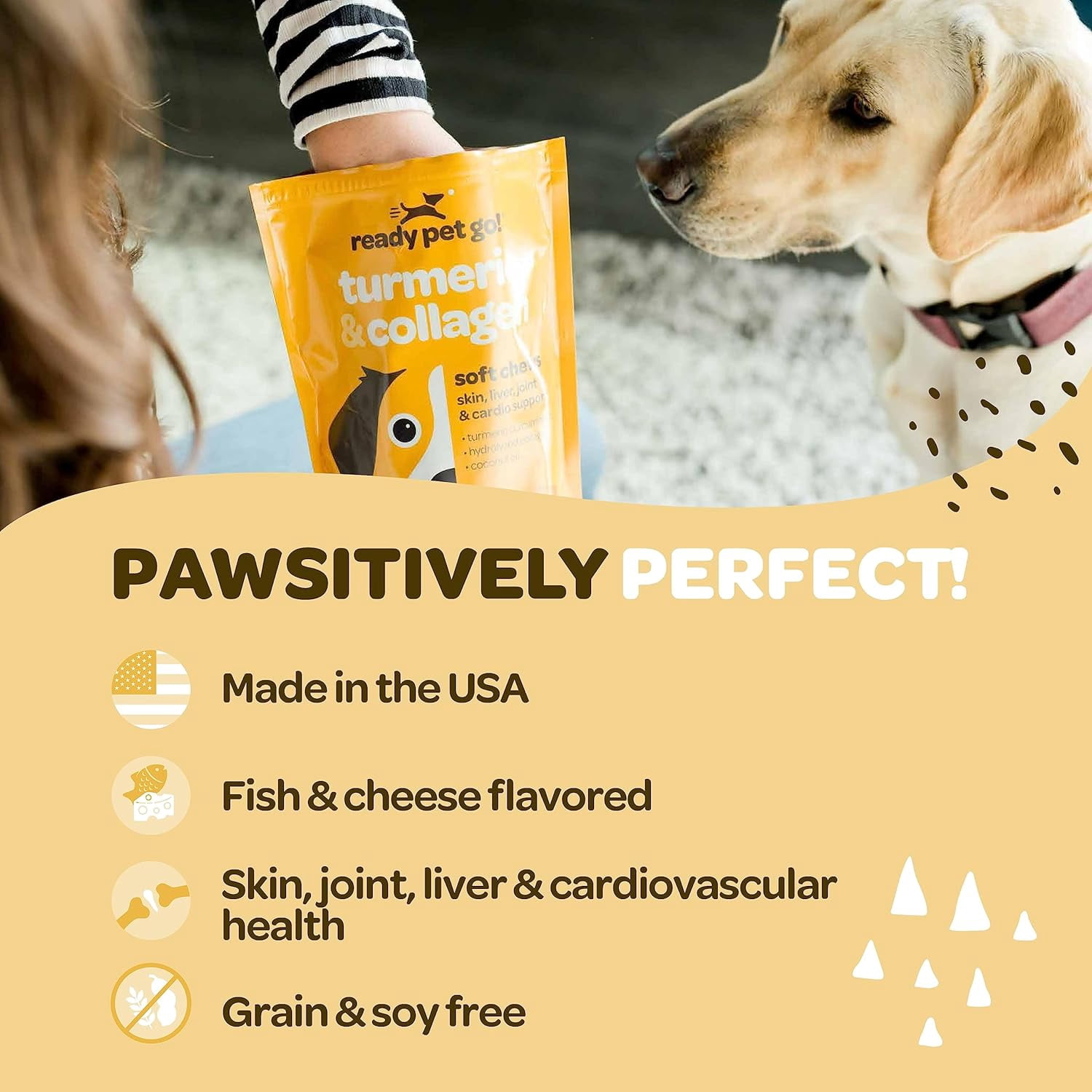 Ready Pet Go! Dog Treats, Turmeric Supplement & Collagen Chews for Dogs Hips and Joints, 90 Pc
