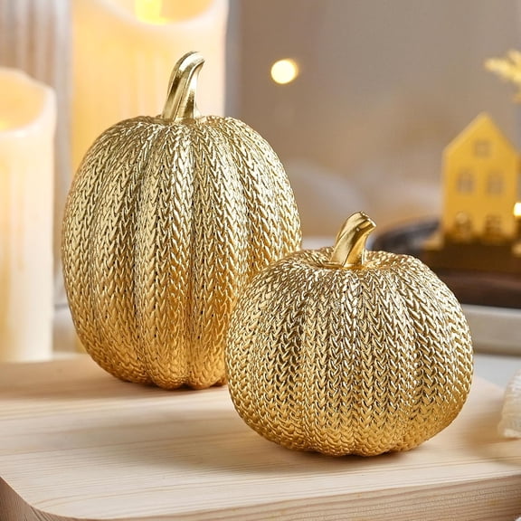 Pumpkin Fall Decor Indoor, Resin Gold Pumpkin for Decorating | Thanksgiving Pumpkins Decor with Woven Effect for Table Centerpiece, Fireplace, Autumn Harvest Party Decorations