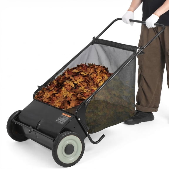 AIKKYS 26 Inch Heavy Duty Push Lawn Sweeper with 4 Spinning Brushes,Steel Frame 7 Cu. Ft. Leaf & Grass Collector,Adjustable Height,Black