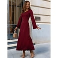 thumbnail image 6 of Womens Scoop Neck Lace Up Maxi Dress Knit Flare Sleeve Bodycon Dress Loose Casual Long Dresses Wine Red L, 6 of 9