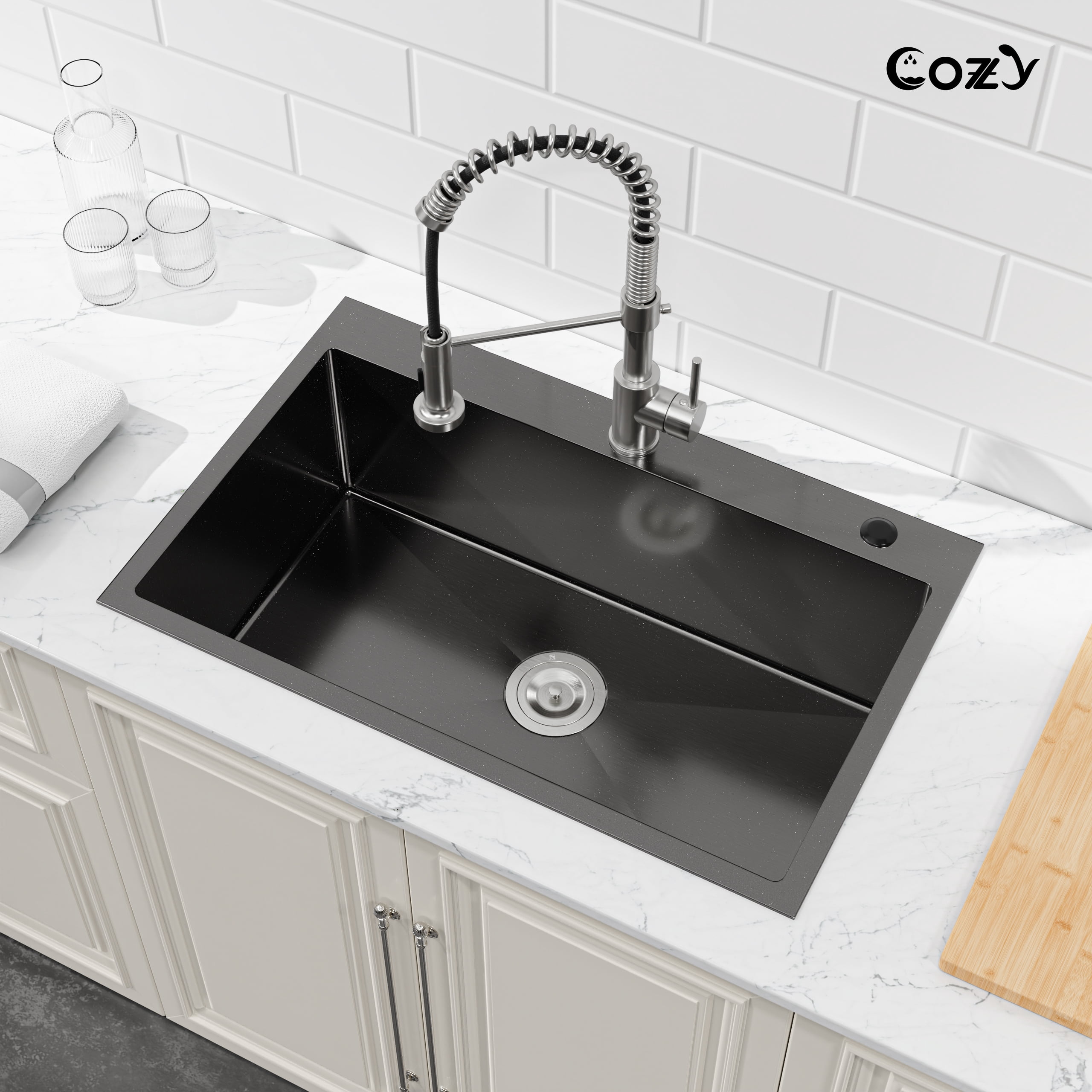 COZY Stainless Steel Single Bowl Kitchen Sink 30x19 inch, 1-Piece Overmount Brushed with US Drain & Hook, SS-BL02D-301908