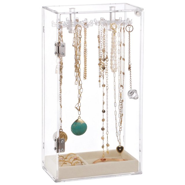 Soporte para collares de acrílico con 24 ganchos, organizador de collares transparente giratorio con bandeja de terciopelo para anillos y pendientes