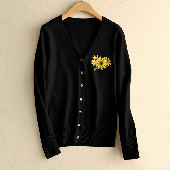 NTACZA Black Oversized Sweater Women V Neck Flower Print Sweater Cardigan Button Up Cozy Sweater Coat Womens Jumpers L