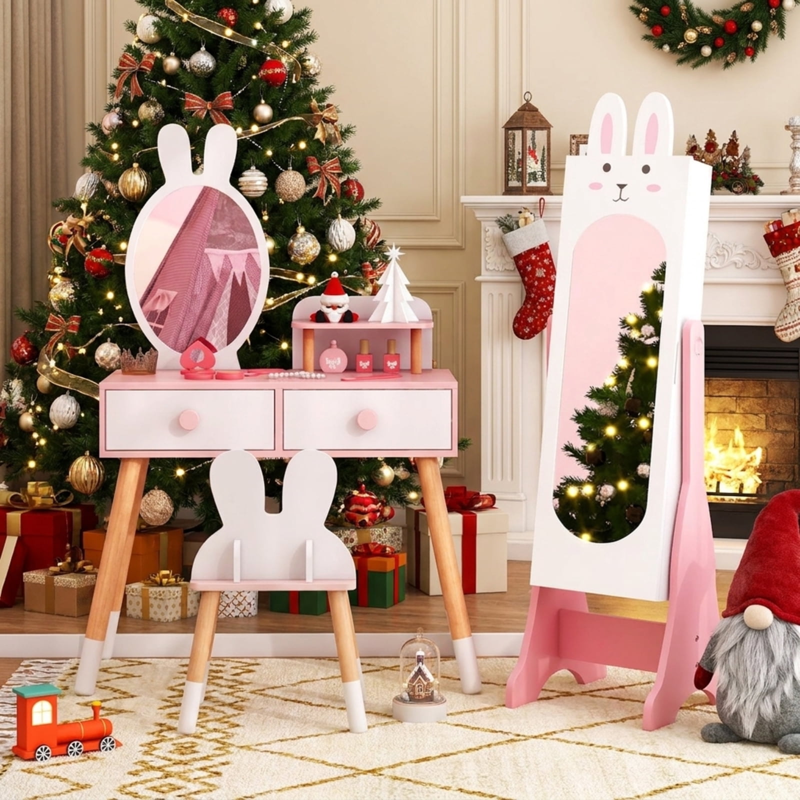 Furnibear Kids Vanity Table and Chair Set with Princess Dressing Table Jewelry Armoire and Mirror for Bedroom Pretend Play Makeup, White