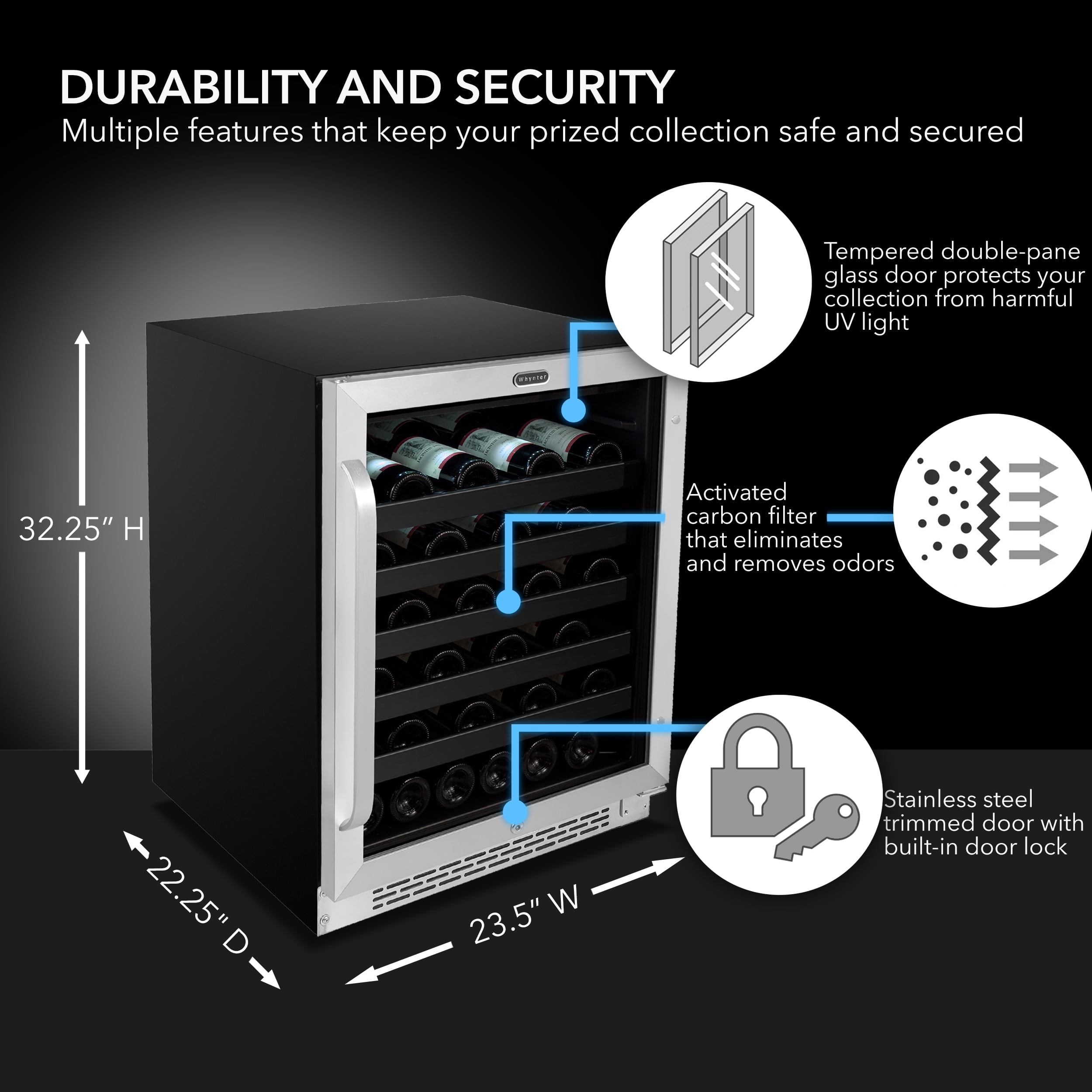 Whynter BWR-408SB 24" Built-In 46 Bottle Undercounter Stainless Steel Wine Refrigerator with Reversible Door, Digital Control, Lock, and Carbon Filter