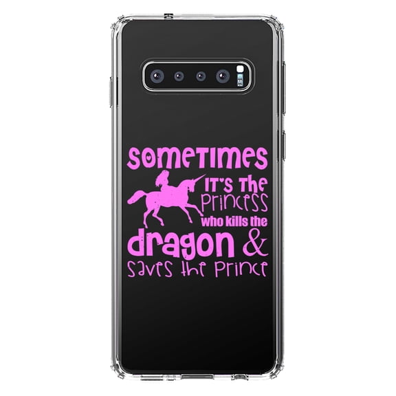 DistinctInk Clear Shockproof Hybrid Case for Samsung Galaxy S10 (6.1" Screen) - TPU Bumper Acrylic Back Tempered Glass Screen Protector - Sometimes It's the Princess Who Kills the Dragon