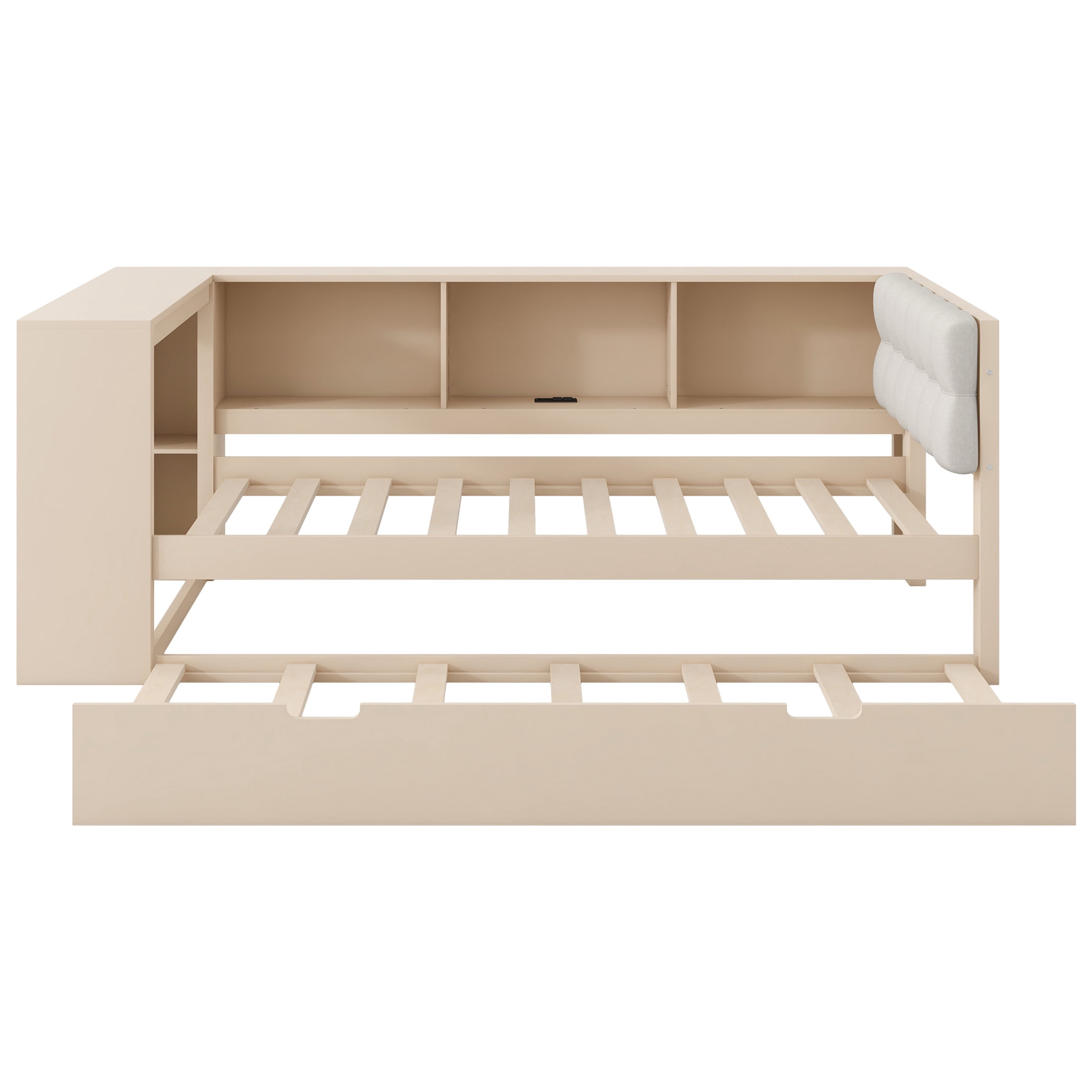 Noble House Twin Wooden Platform Bed, Upholstered Headboard, Storage Shelves, Charging Station and Trundle, Cream