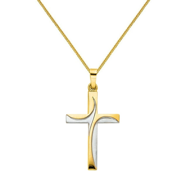 Precious Stars 14K Two-Tone Gold Religious Cross Unisex Pendant with 24" Chain Necklace