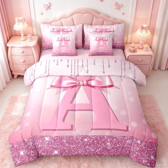 jejeloiu Monogrammed A Twin Bedding Sets 7-Piece,Cute Girls Bowtie Bedding Comforter Set,Pink Glitter Print Sheet Sets For Child,Microfiber Room Decorative Reversible