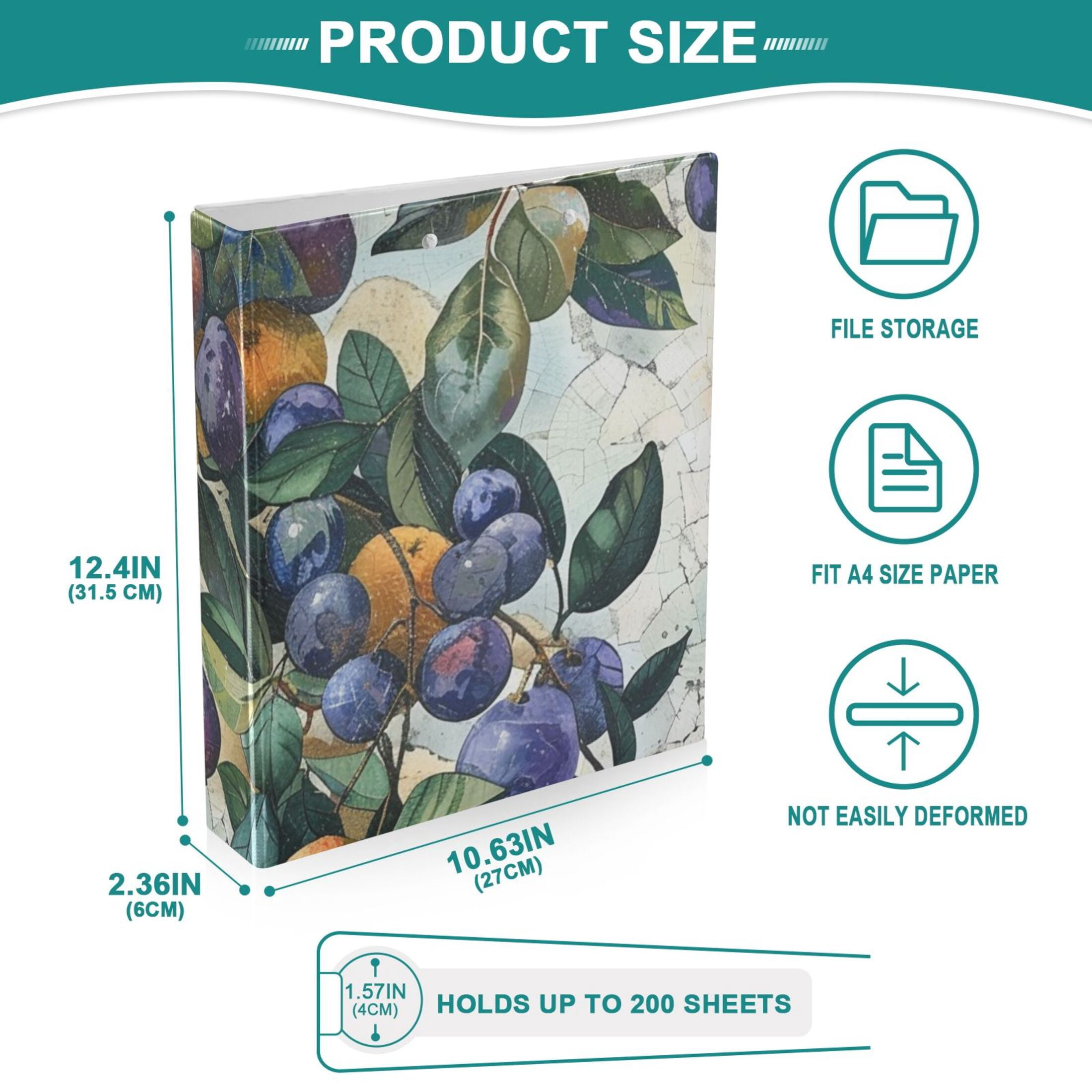 Fruit Leaves Print 3 Ring Binders 1.5 inch Hardcover File Folders with Interior Pockets A4 Size Organizer for School Office Hospital