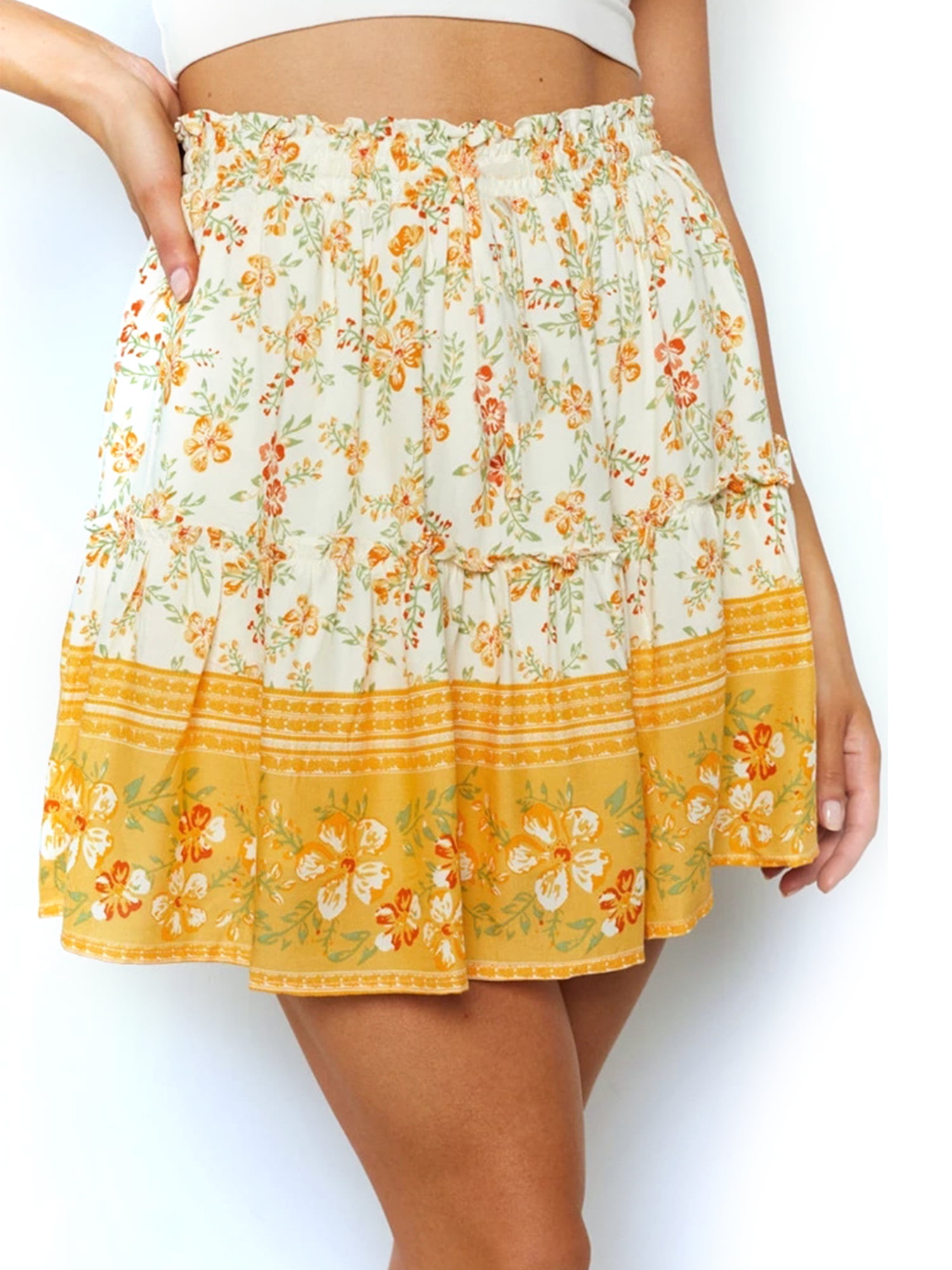 Womens Summer High Waist Plaid Swing Ruffle Frill Mini Bodycon Skirt Bow Knot Floral Print Dress 
