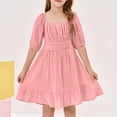 thumbnail image 3 of Abcomgle Cute Dresses for Girls 10-12 Tie Backless A-Line Lantern Sleeve Tshirt Dresses Cute Ruffle Square Neck Casual Sundresses for 4-14t Kids,Pink,13-14Years, 3 of 5